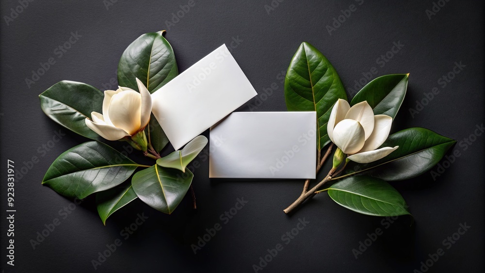 Fototapeta premium Elegant business card mockup featuring crisp white cards and delicate magnolia leaves on a sleek black background, perfect for corporate design and branding projects.