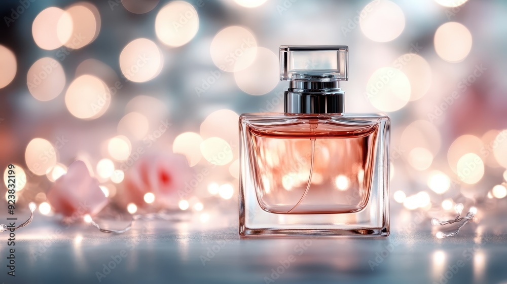 A square-shaped glass bottle of perfume stands out under romantic, shimmering lights, perfectly capturing a blend of elegance and modern style with a luxurious touch. A square-shaped glass bottle of perfume stands out under romantic, shimmering lights, perfectly capturing a blend of elegance and modern style with a luxurious touch.