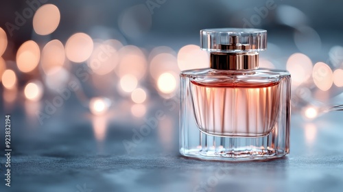 An elegant glass bottle of perfume is beautifully showcased, surrounded by warm, glowing bokeh lights creating an atmosphere of luxury and sophistication.