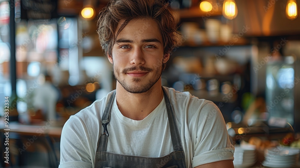 Obraz premium A handsome young man standing alone inside his restaurant during the day. space for text. Generative AI.
