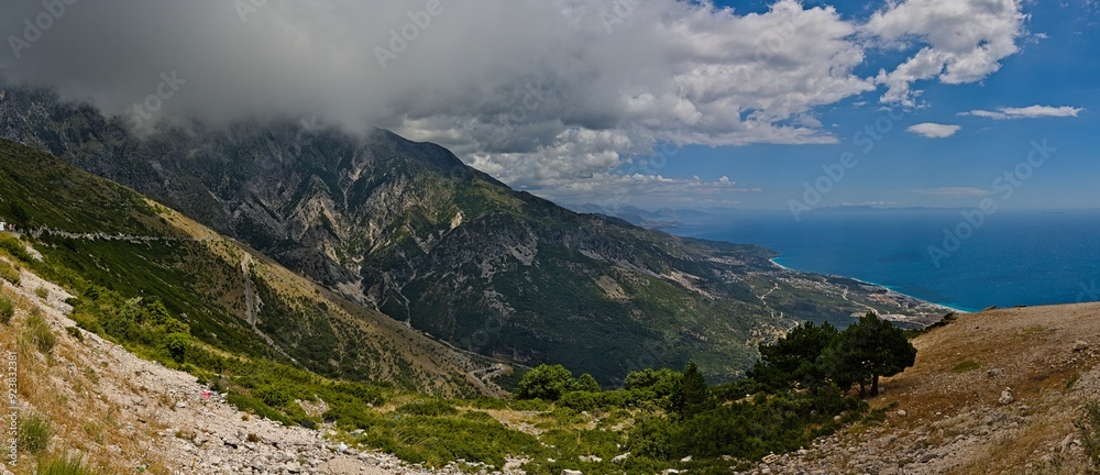 Obraz premium View from the Llogara mountain pass on the southern part of Albania as panorama