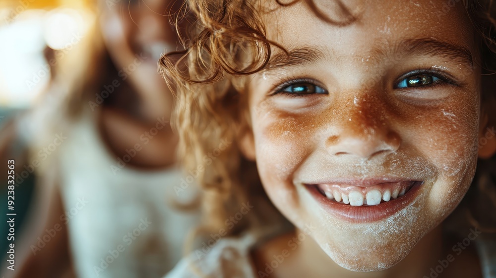 A close-up of a smiling child with curly hair and flour dust on the face, capturing the playful and messy fun of a hands-on baking activity. A close-up of a smiling child with curly hair and flour dust on the face, capturing the playful and messy fun of a hands-on baking activity.