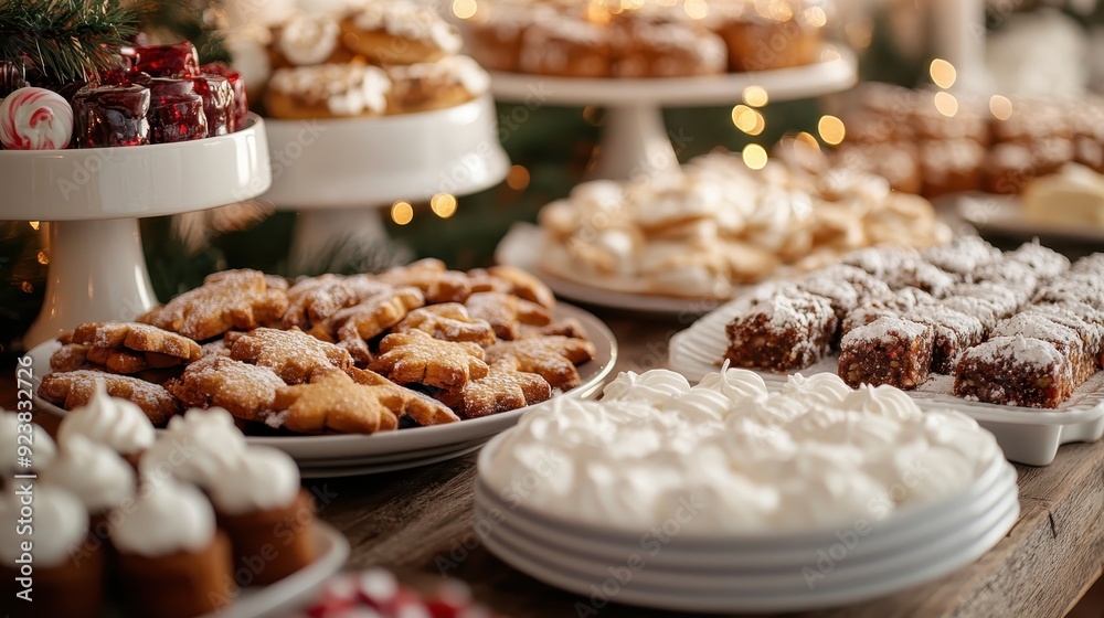 A delightful assortment of holiday cookies and desserts arranged elegantly on a table, capturing the festive spirit with diverse shapes, textures, and flavors.