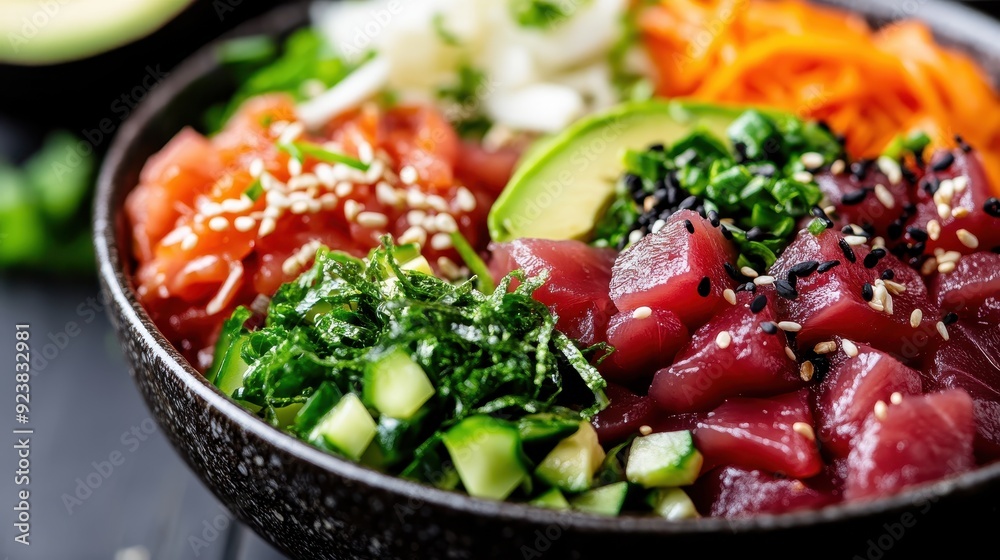 This poke bowl features a mix of fresh raw fish slices, vibrant vegetables, avocado, seaweed, and cucumber, offering a harmonious blend of flavors and textures for a healthy meal. This poke bowl features a mix of fresh raw fish slices, vibrant vegetables, avocado, seaweed, and cucumber, offering a harmonious blend of flavors and textures for a healthy meal.