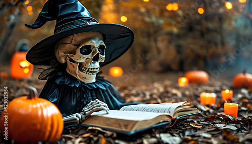 halloween skull is reaing a book photo