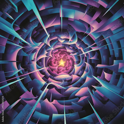 An abstract painting of a purple and blue flower