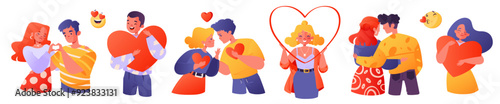 Set of cartoon characters showing their feelings to each other. They hug and kiss. They hold heart symbol in their hands, hug it. Manifestation of love, feelings, concept of goodness, care, charity