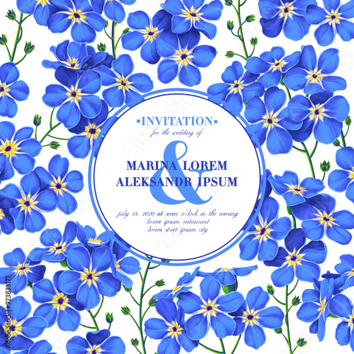 Templates for greeting card, wedding invitation, save the date, poster or banner for social media promotion with realistic blue forget-me-not flowers. Botanical design of your products