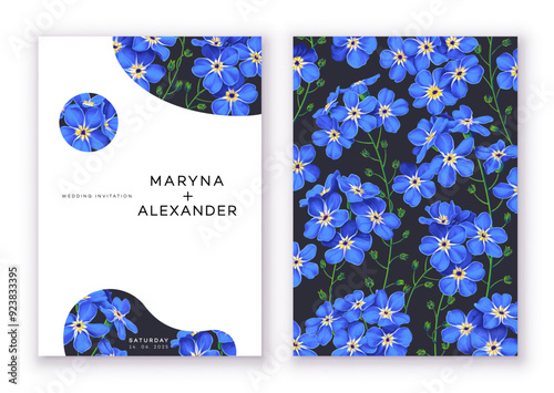 Floral wedding invitation template design, save the date, invitation navy card collection with blue forget-me-not flowers. Vector fashion cover, graphic poster, geometric floral brochure design 