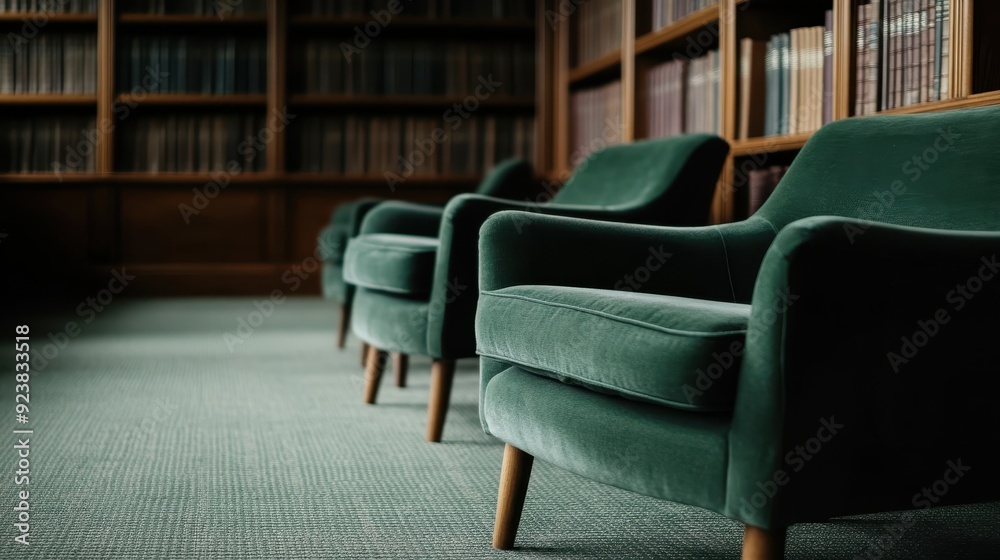 A serene image of green lounge chairs arranged in a library, surrounded by extensive collections of books, providing a peaceful and comfortable reading environment. A serene image of green lounge chairs arranged in a library, surrounded by extensive collections of books, providing a peaceful and comfortable reading environment.