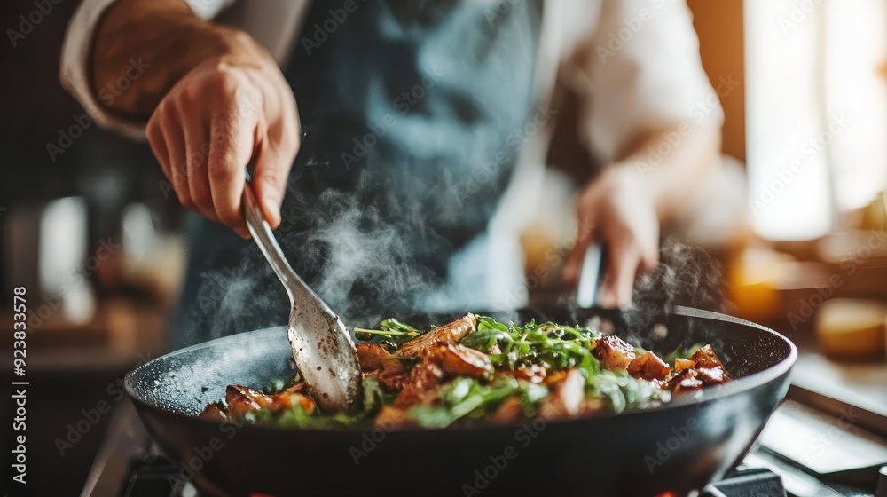 Image of a chef wearing an apron stirring fresh vegetables in a sizzling hot pan on a stove, with steam rising from the dish in a warm, well-lit kitchen environment. Image of a chef wearing an apron stirring fresh vegetables in a sizzling hot pan on a stove, with steam rising from the dish in a warm, well-lit kitchen environment.