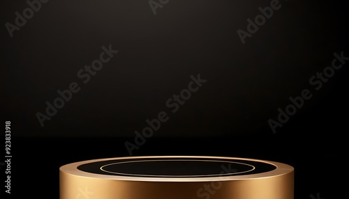 Luxury black with glossy shiny gold rim round winner podium on background with spotlight. Mock up template for product presentation. 3D rendering. copy text space1 photo