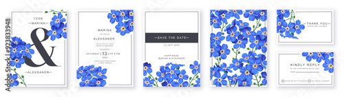 Сollection of wedding invitations using a forget-me-not floral design. Kit includes several items: basic invitation, save-the-date invitation, thank you card, RSVP.  Can be adapted for other formal