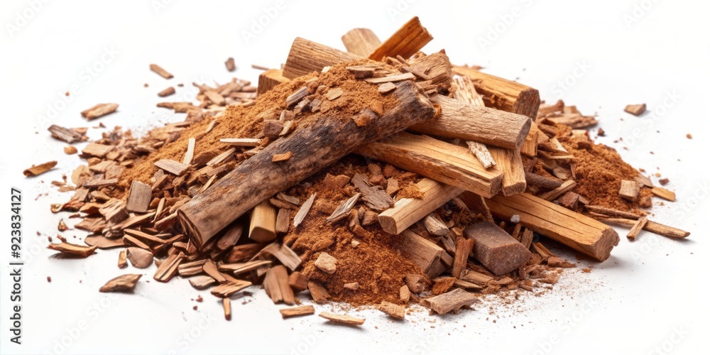 custom made wallpaper toronto digitalNatural wood pieces, crushed tree bark, and fine dust scattered on a crisp white background, showcasing an earthy, organic texture in a beautiful, abstract composition.