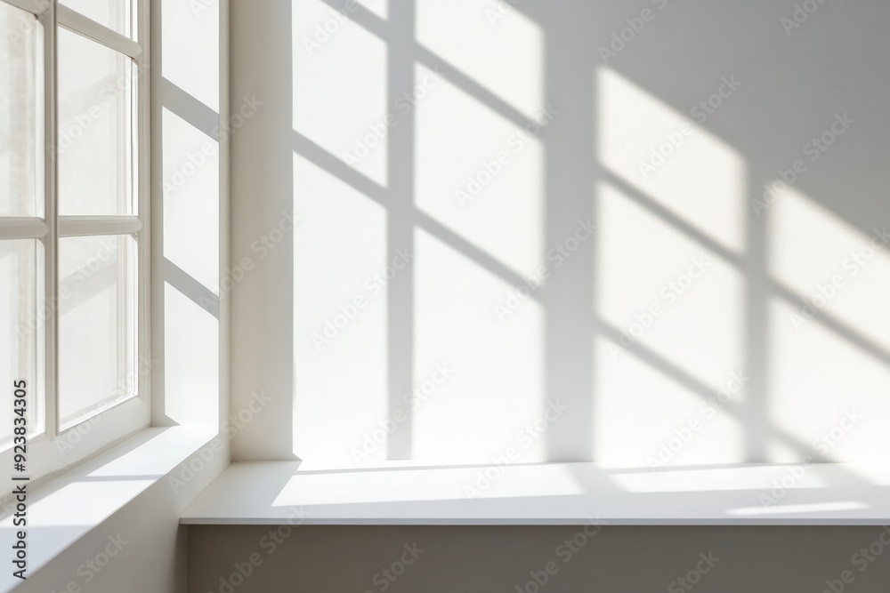Fototapeta premium Soft shadows fall across a plain white wall from a minimalist window frame, creating a calm atmosphere in a well-lit indoor space