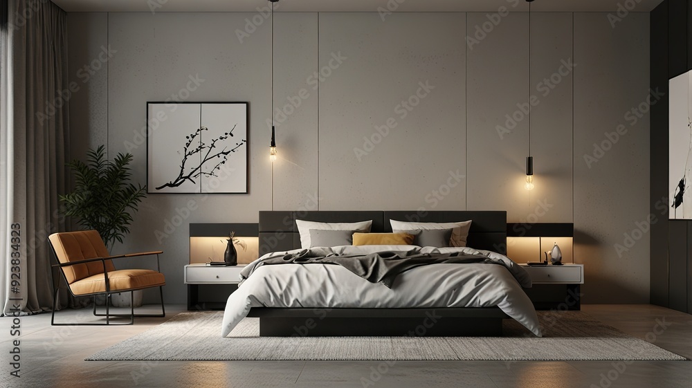 Modern Interior With Bright Wall, Living room, Bed room, kitchen, House Plants