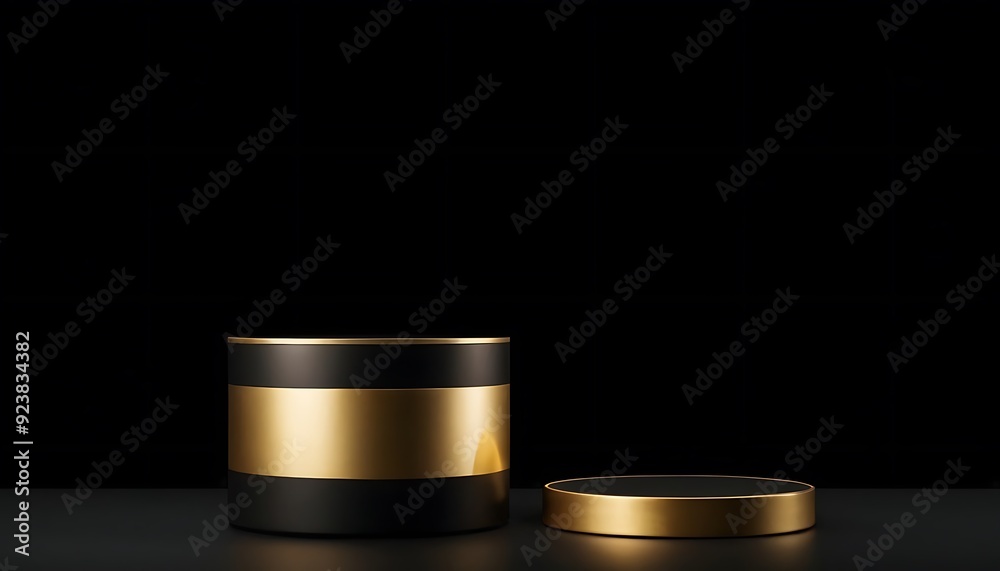Luxury black with glossy shiny gold rim round winner podium on background with spotlight. Mock up template for product presentation. 3D rendering. copy text space4 Luxury black with glossy shiny gold rim round winner podium on background with spotlight. Mock up template for product presentation. 3D rendering. copy text space4