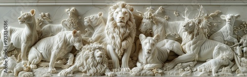 A group of lions, with one standing in the center and others lying down on either sides. The background is carved out of white marble to create an elegant scene.