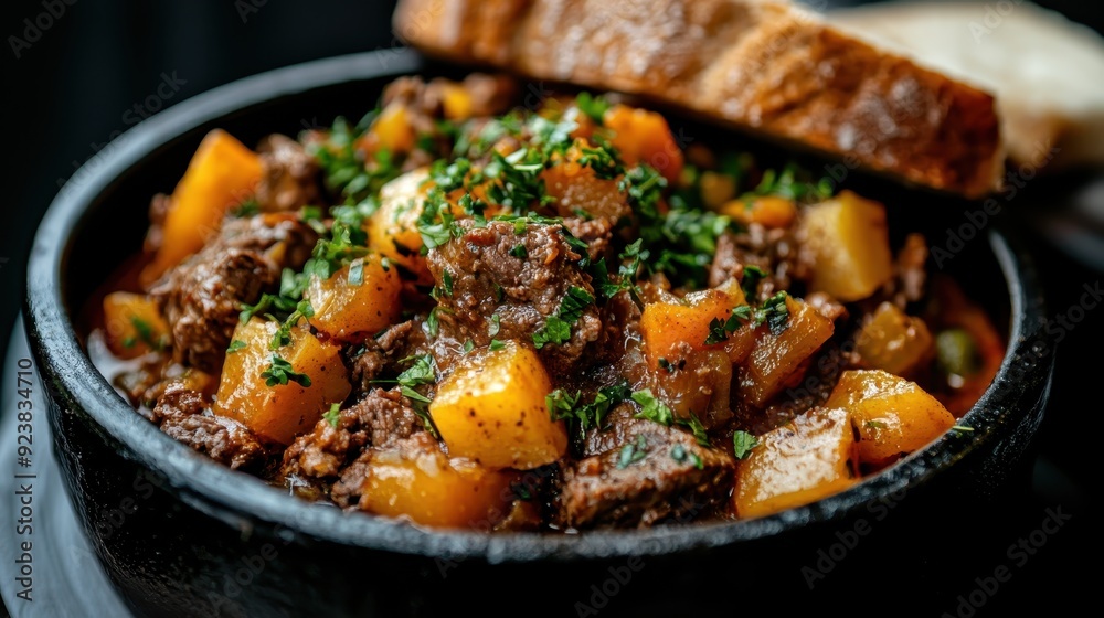 This image showcases a bowl of hearty beef stew with chunks of meat, potatoes, and carrots, garnished with fresh herbs and accompanied by slices of crusty bread. This image showcases a bowl of hearty beef stew with chunks of meat, potatoes, and carrots, garnished with fresh herbs and accompanied by slices of crusty bread.