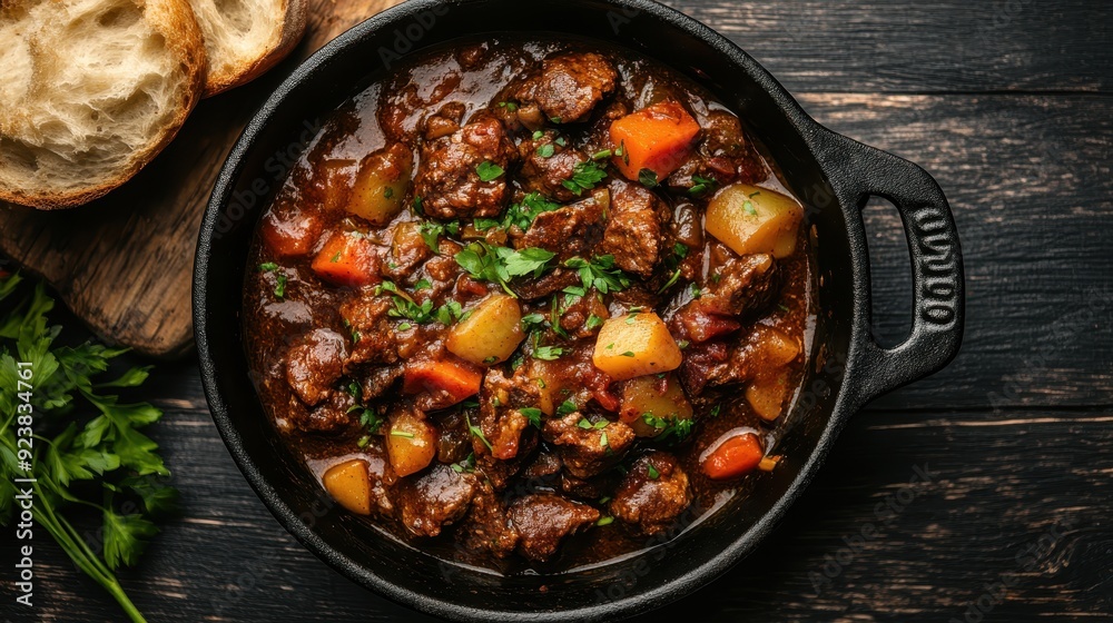 A delectable beef stew served in a black pot, containing succulent pieces of meat, potatoes, and carrots, garnished with fresh parsley, accompanied by slices of bread. A delectable beef stew served in a black pot, containing succulent pieces of meat, potatoes, and carrots, garnished with fresh parsley, accompanied by slices of bread.