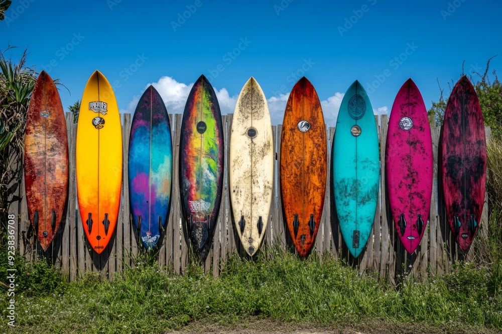 A collection of colorful surfboards is artistically arranged against a wooden fence, showcasing their vibrant designs under a clear blue sky A collection of colorful surfboards is artistically arranged against a wooden fence, showcasing their vibrant designs under a clear blue sky