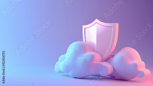 3D illustration of a shield symbolizing cloud security and protection, with a blend of soft purple and blue hues.