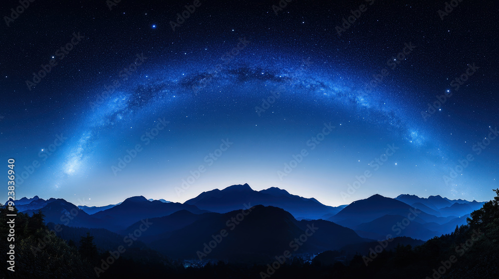 Panoramic View of a Starry Night Sky over Mountains