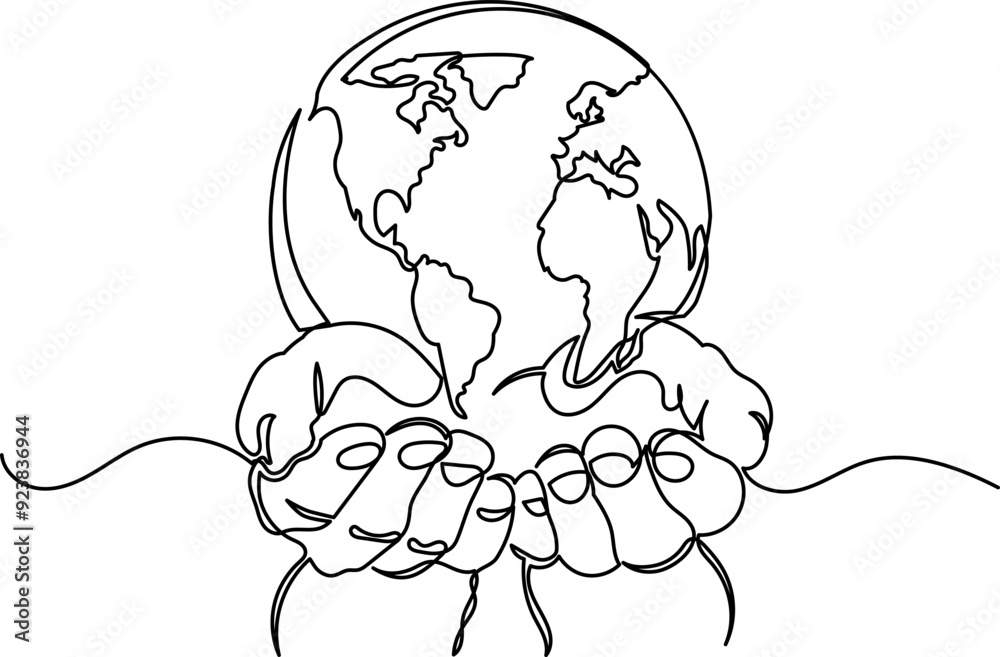 Fototapeta premium Continuous line drawing of earth vector.single-line globe world map vector illustration.hands holding Earth globe.