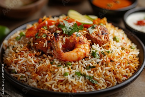 A plate of flavorful shrimp biryani garnished with fresh herbs, combining vibrant spices and textures in a traditional Indian dish.