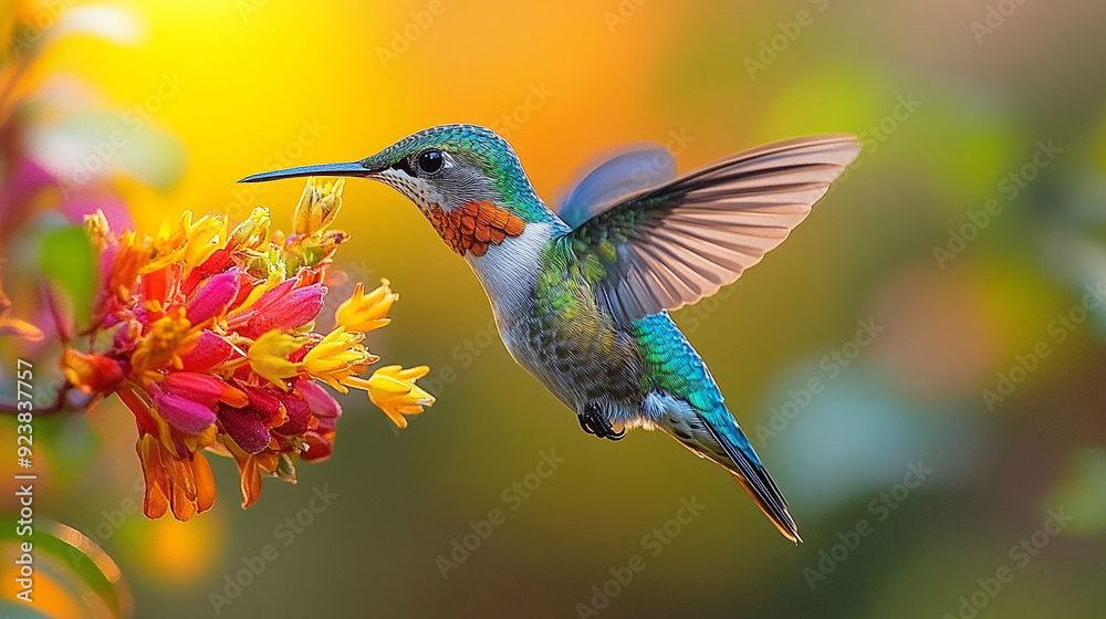 A colorful hummingbird hovering near a vibrant flower A colorful hummingbird hovering near a vibrant flower
