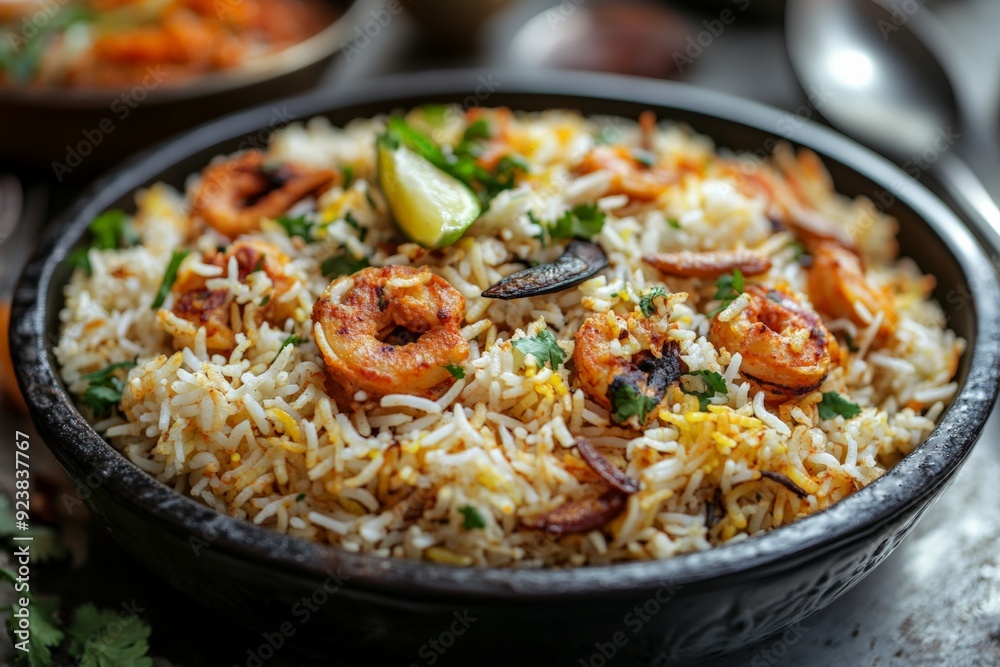 A plate of flavorful shrimp biryani garnished with fresh herbs, combining vibrant spices and textures in a traditional Indian dish. A plate of flavorful shrimp biryani garnished with fresh herbs, combining vibrant spices and textures in a traditional Indian dish.
