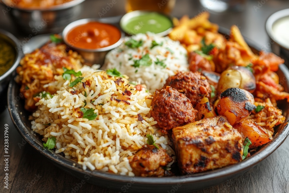 A mixed platter featuring various Indian delicacies including rice, curries, and grilled vegetables, offering a rich blend of flavors. A mixed platter featuring various Indian delicacies including rice, curries, and grilled vegetables, offering a rich blend of flavors.