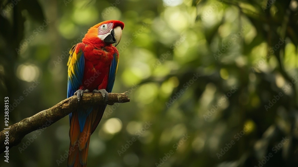 Obraz premium A vibrant macaw perched gracefully on a branch. This stunning image captures the colors of nature, showcasing wildlife in its natural habitat. Ideal for nature lovers and art enthusiasts. AI