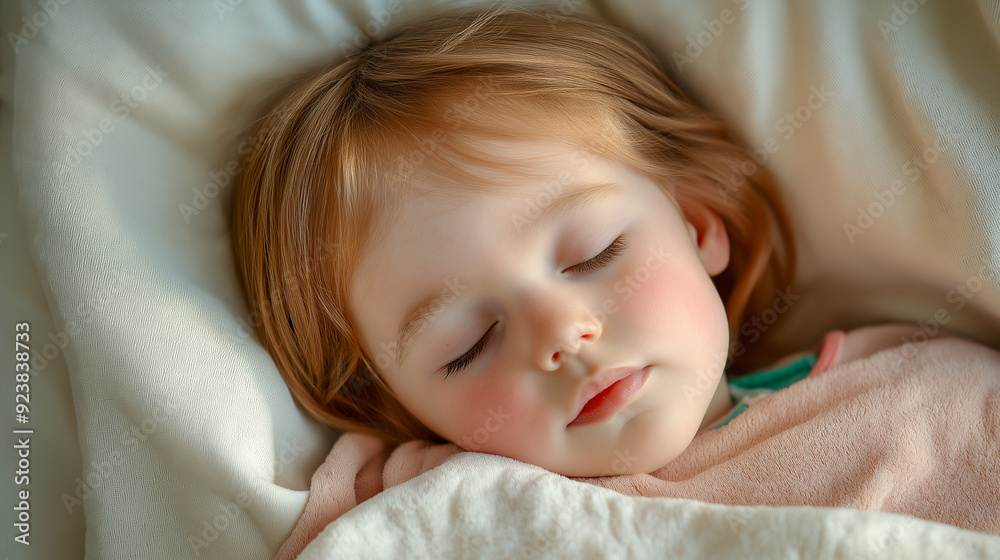 A serene close-up of a young child sleeping peacefully, with soft brown hair gently resting on a pillow. The child is snuggled in cozy blankets, with a calm and innocent expression.