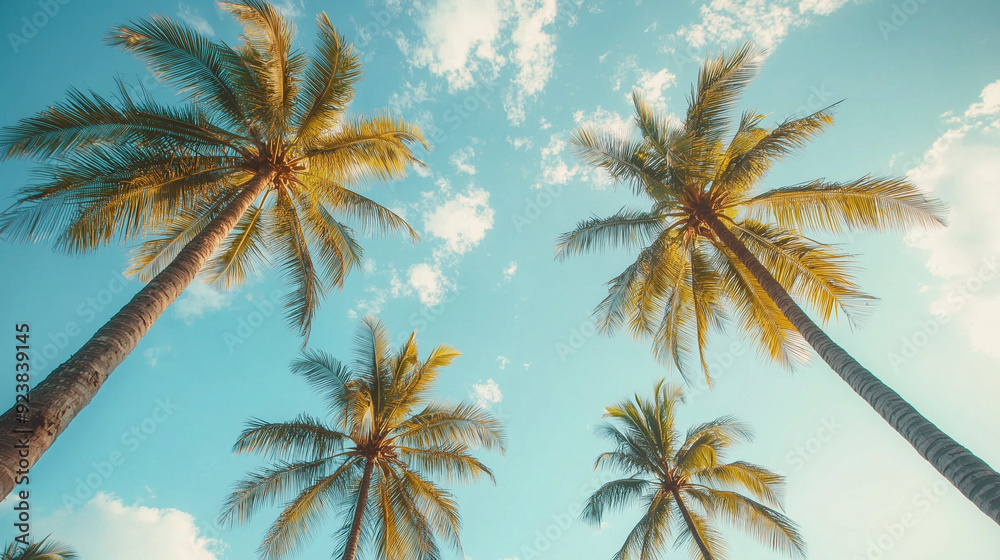 Tropical Serenity: Upward View of Palm Trees Against a Sunny Sky Tropical Serenity: Upward View of Palm Trees Against a Sunny Sky