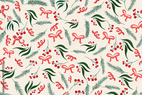 seamless pattern of pine leaves and berries
