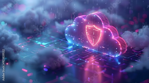 Cloud security concept with neon lights, digital shield, and network background, highlighting the importance of cybersecurity in cloud computing.