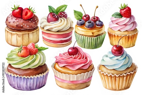 Set of drawings of cupcakes with various types of toppings from fruits, candy and sweets. Colored in pastel colors. Looks delicious and interesting 