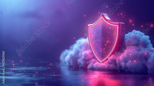 Conceptual digital illustration of a cloud security shield symbolizing cybersecurity, data protection, and technology safety in a virtual environment. photo