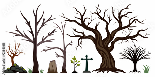 Dead trees vector set, scary autumn bark, dry bare branch silhouette, Halloween spooky forest. Cemetery winter oak wood kit, leafless trunk clipart on white bare roots. Environment icon - Royalty-free