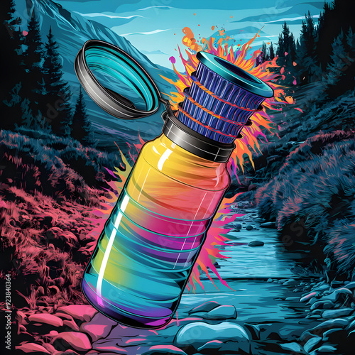 A colorful water bottle with fire coming out of it