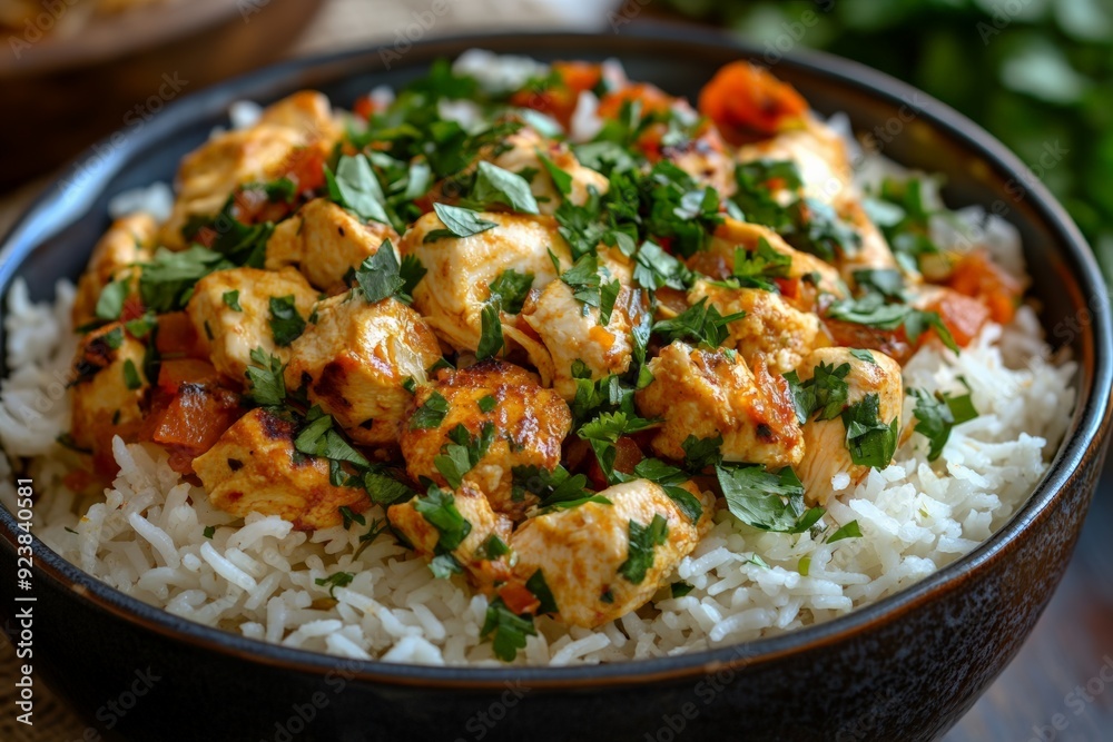 A bowl of flavorful chicken tikka masala served over basmati rice, garnished with fresh cilantro, representing a classic Indian dish. A bowl of flavorful chicken tikka masala served over basmati rice, garnished with fresh cilantro, representing a classic Indian dish.