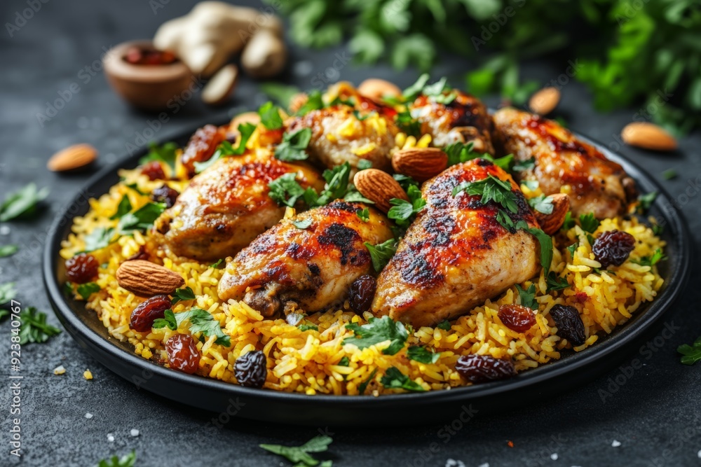A plate of Arabian chicken mandi, featuring grilled chicken served over spiced rice with raisins and almonds, garnished with fresh herbs. A plate of Arabian chicken mandi, featuring grilled chicken served over spiced rice with raisins and almonds, garnished with fresh herbs.