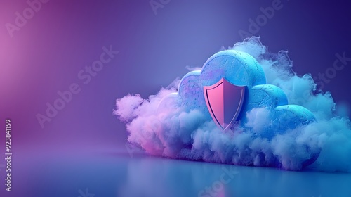 Digital cloud with a shield, symbolizing secure cloud storage and data protection in a futuristic purple and blue environment.