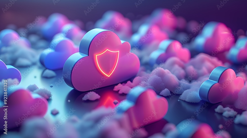 Obraz premium Digital illustration of cloud-based data security with neon shield and multiple clouds, representing online protection and cloud computing.