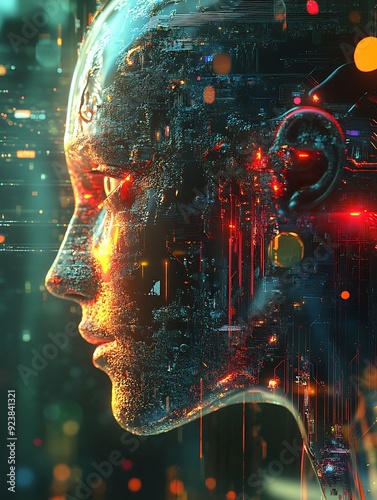 A futuristic portrait of A robotic with a neural network thinks  integrated into its silhouette, representing technology and innovation. For design, website, and media decor, Commercial use