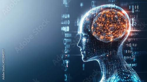 an abstract background of a humanoid head equipped with a neural network brain,  the concept of advanced AI and human-computer integration.