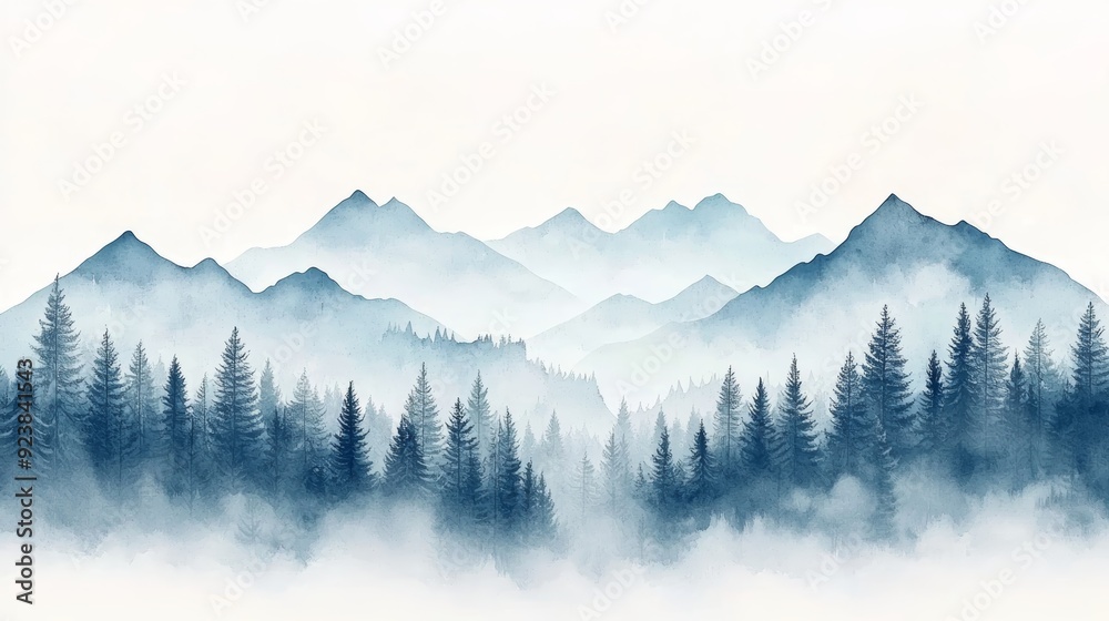 Obraz premium Serene watercolor mountain landscape with mist and evergreen trees, evoking tranquility and natural beauty.
