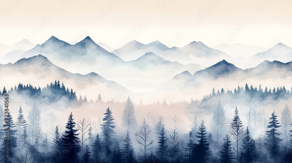 A tranquil landscape featuring misty mountains and dense forests, perfect for evoking serenity and natural beauty.