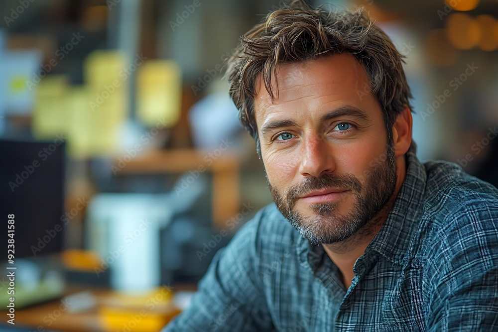 A man with a beard and casual shirt smiles warmly at the camera in an office setting with blurred background, Ideal for articles about workplace culture, employee profiles, or professional networking A man with a beard and casual shirt smiles warmly at the camera in an office setting with blurred background, Ideal for articles about workplace culture, employee profiles, or professional networking